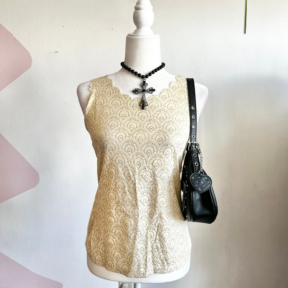 Gold‎ Glitter Scallop Tank Top, Glam, Y2K, Party, Sparkly, Vintage, Small, 2000s
